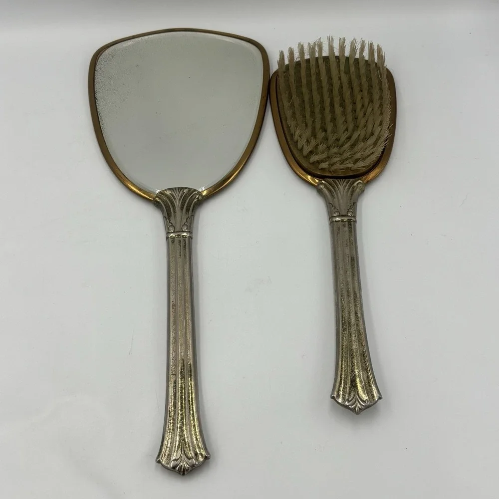 Vintage Victorian Style‎ Vanity Hand Mirror And Brush Set Silver and Gold Tone